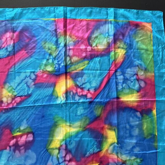Handcrafted Multicolor Tie Dye 100% Silk Scarf‎ 34"x 35" Rolled Edge Handsewn - Picture 6 of 7
